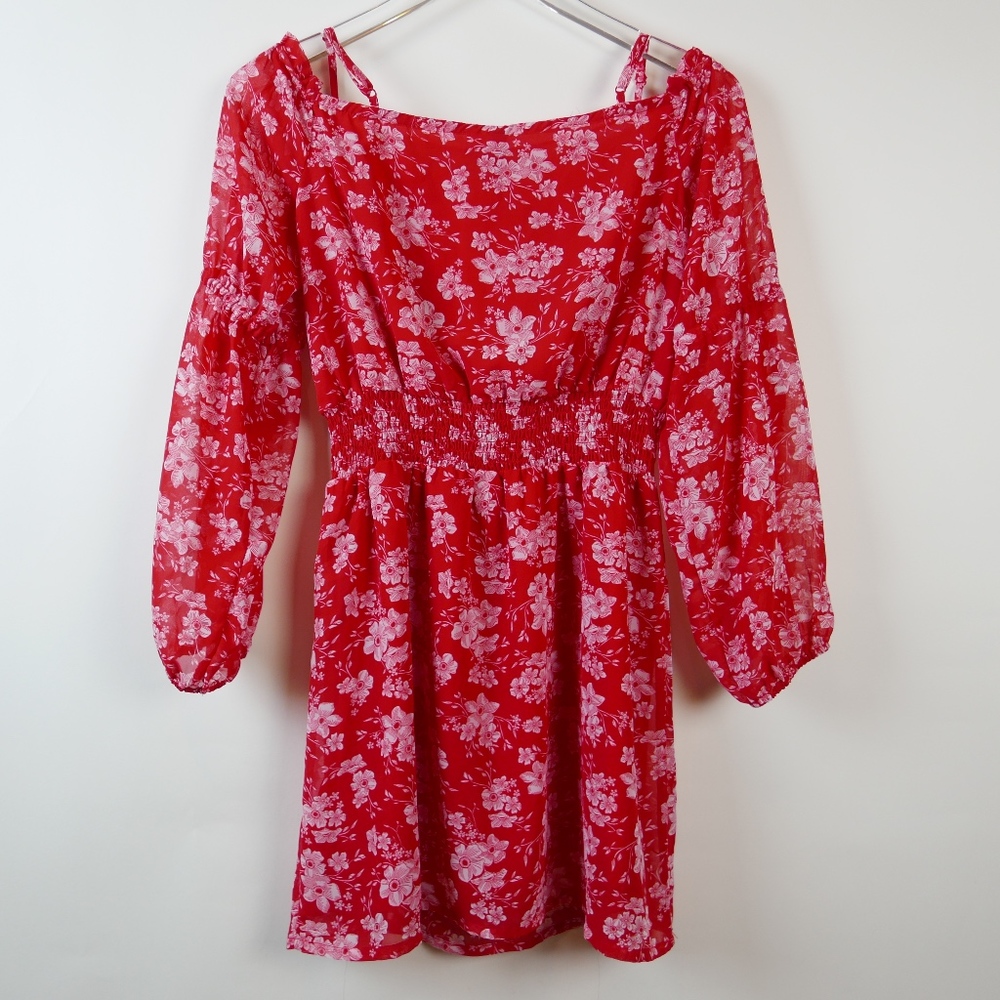 DIVIDED Red Floral Boho Mini Dress w/ Full Sleeves